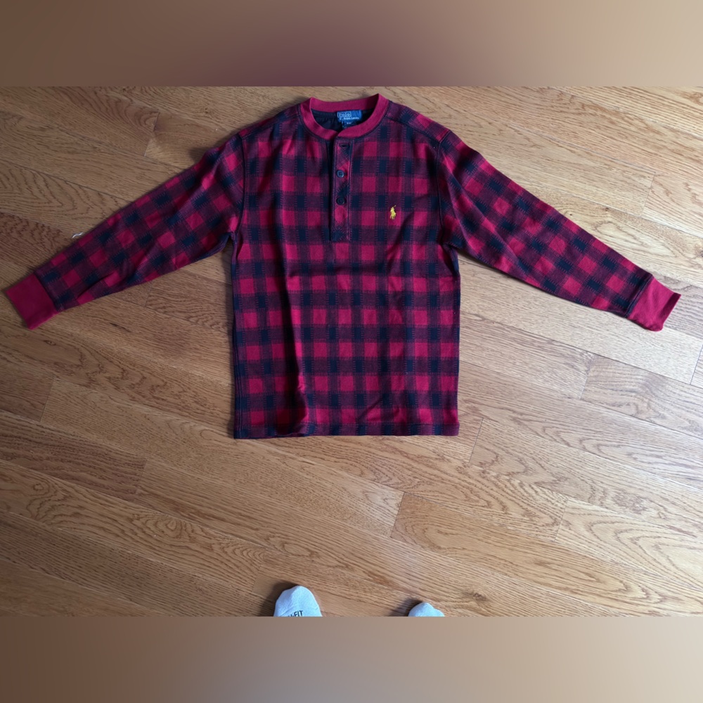 Polo Ralph Lauren Boys Buffalo Plaid Henley Shirt Red Black Size 8
